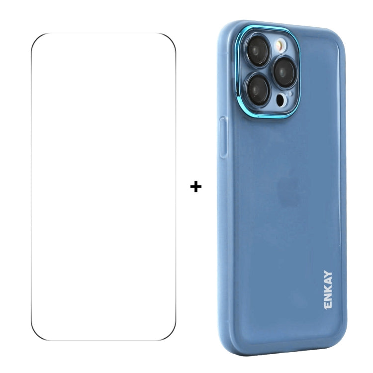 For iPhone 16 Pro Max ENKAY Hat-Prince Translucent Matte TPU Phone Case with Lens Film + 9H Big Arc Edge Film(Blue) - iPhone 16 Pro Max Cases by ENKAY | Online Shopping UK | buy2fix