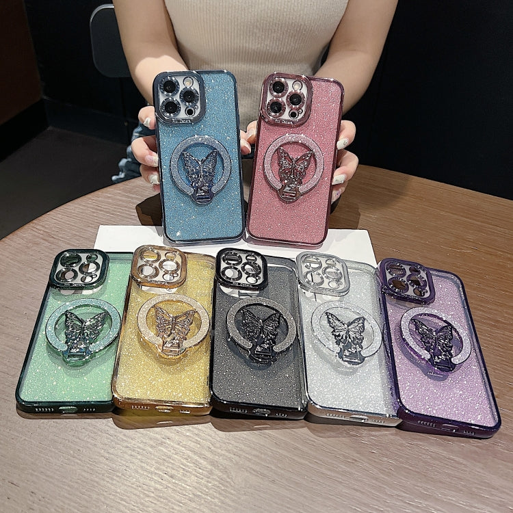 For iPhone 16 Pro Plating Glitter Butterfly Holder Phone Case(Silver) - iPhone 16 Pro Cases by buy2fix | Online Shopping UK | buy2fix