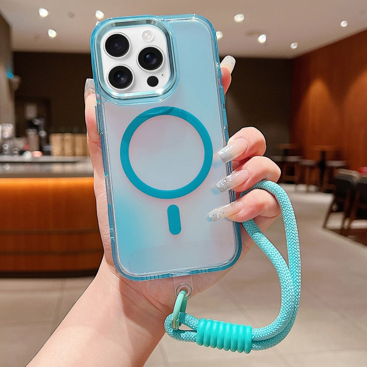 For iPhone 16 Pro Max Bright Shadow  Magsafe Discoloration Phone Case with Wrist Strap(Blue) - iPhone 16 Pro Max Cases by buy2fix | Online Shopping UK | buy2fix