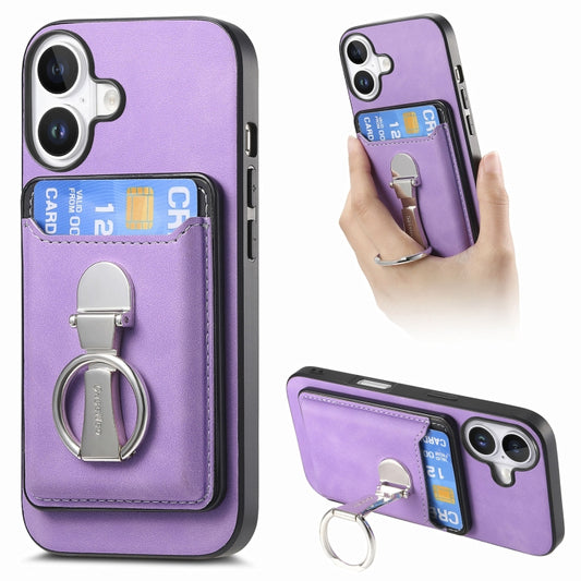 For iPhone 16 Retro Folding Ring Holder Card Bag MagSafe Phone Case(Purple) - iPhone 16 Cases by buy2fix | Online Shopping UK | buy2fix