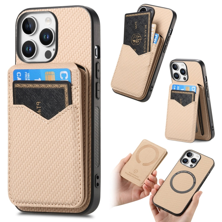 For iPhone 16 Pro Max Carbon Fiber MagSafe Vertical Flip Card Bag Phone Case(Khaki) - iPhone 16 Pro Max Cases by buy2fix | Online Shopping UK | buy2fix