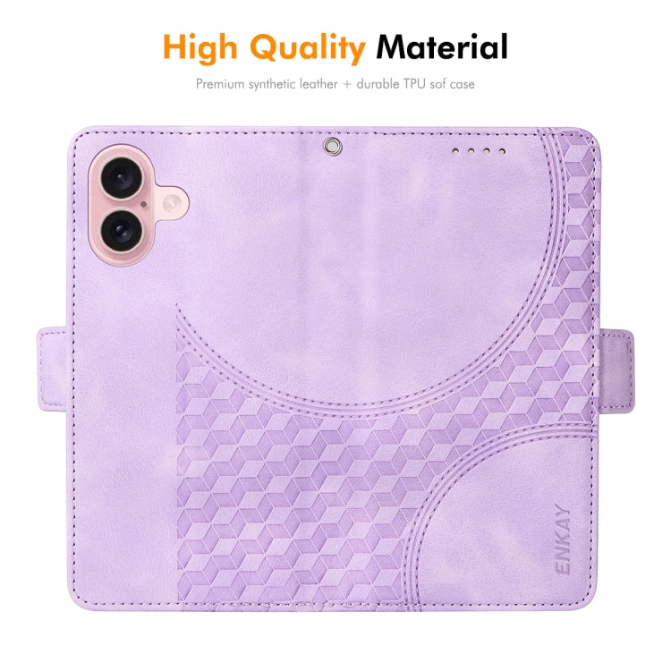 For iPhone 16 ENKAY Embossed Rhombus Starry Leather Phone Case with Screen Film(Purple) - iPhone 16 Cases by ENKAY | Online Shopping UK | buy2fix