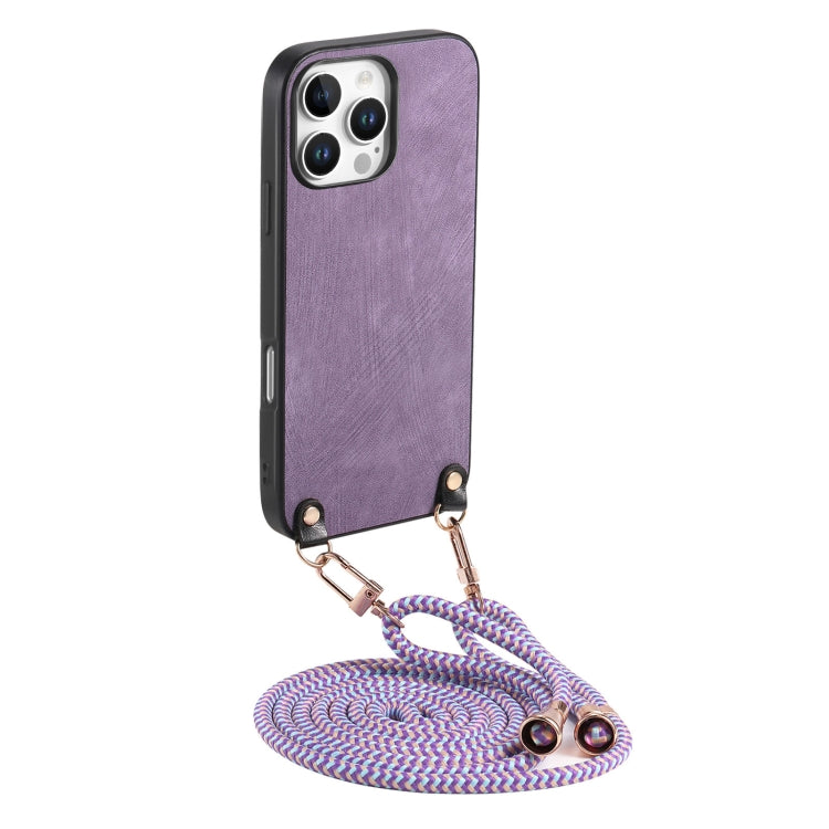 For iPhone 16 Pro Vintage Leather PC Back Cover Phone Case with Crossbody Strap(Purple) - iPhone 16 Pro Cases by buy2fix | Online Shopping UK | buy2fix