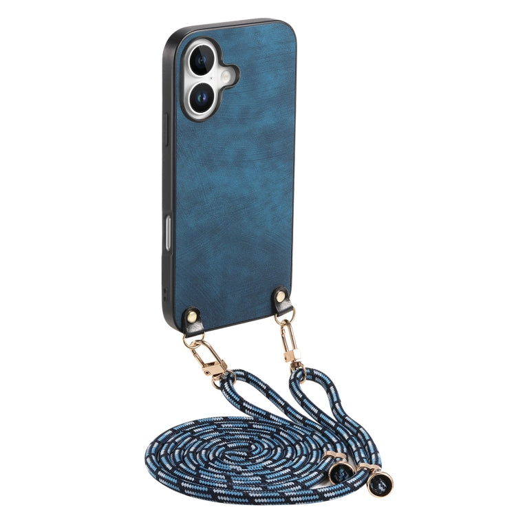 For iPhone 16 Vintage Leather PC Back Cover Phone Case with Crossbody Strap(Blue) - iPhone 16 Cases by buy2fix | Online Shopping UK | buy2fix