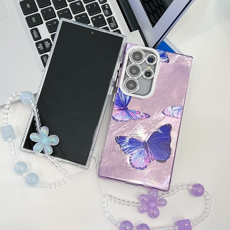 For Samsung Galaxy S25 5G Plating Texture Butterfly Wristband TPU Phone Case with Glitter Lens Film(Silver Butterflies HU6) - Galaxy S25 5G Cases by buy2fix | Online Shopping UK | buy2fix