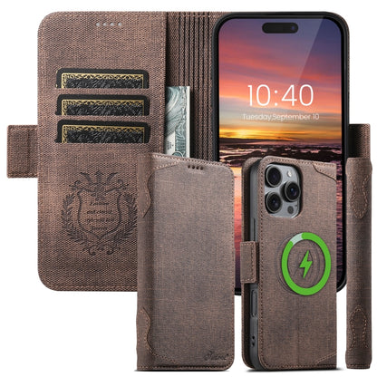 For iPhone 16 Pro Max Suteni J07 Multi-functional Horizontal MagSafe Denim Leather Phone Case(Brown) - iPhone 16 Pro Max Cases by Suteni | Online Shopping UK | buy2fix