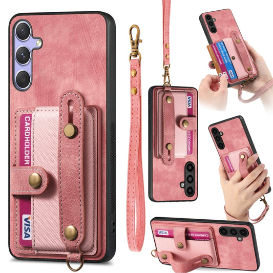 For Samsung Galaxy S25 5G Retro Cross Wristband Wallet Leather Back Phone Case(Pink) - Galaxy S25 5G Cases by buy2fix | Online Shopping UK | buy2fix