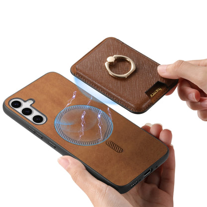 For Samsung Galaxy S25 5G Retro Cross Leather Ring Vertical Insert Card Bag MagSafe Phone Case(Brown) - Galaxy S25 5G Cases by buy2fix | Online Shopping UK | buy2fix