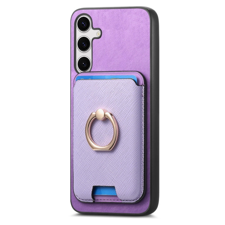 For Samsung Galaxy S25+ 5G Retro Cross Leather Ring Vertical Insert Card Bag MagSafe Phone Case(Purple) - Galaxy S25+ 5G Cases by buy2fix | Online Shopping UK | buy2fix