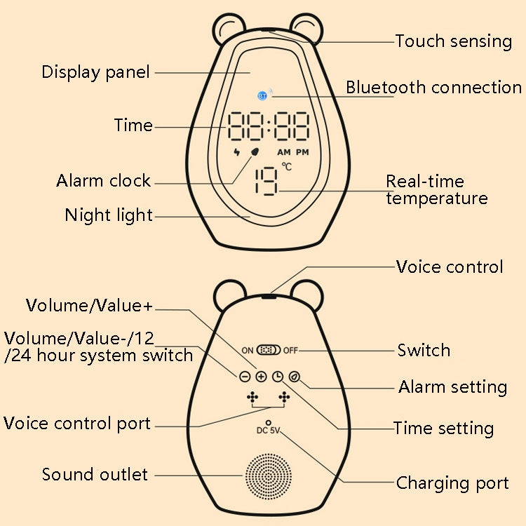 Bear Alarm Clock LED Digital Silent Bedside Lamp Bluetooth Speaker USB Charging Children Cartoon Night Light(Bluetooth Version) - Night Lights by buy2fix | Online Shopping UK | buy2fix