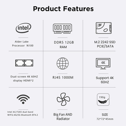 N100/DDR5 12th AlderLake-N100 Dual 4K60Hz Office And Home Mini PC, Spec: 12G+256G /US Plug - Windows Mini PCs by buy2fix | Online Shopping UK | buy2fix