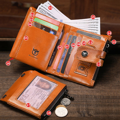 BULL CAPTAIN 088 RFID Anti-Theft Zipper Buckle Multi-Card Slot Cowhide Vertical Wallet(Coffee) - Antimagnetic RFID Package by BULL CAPTAIN | Online Shopping UK | buy2fix