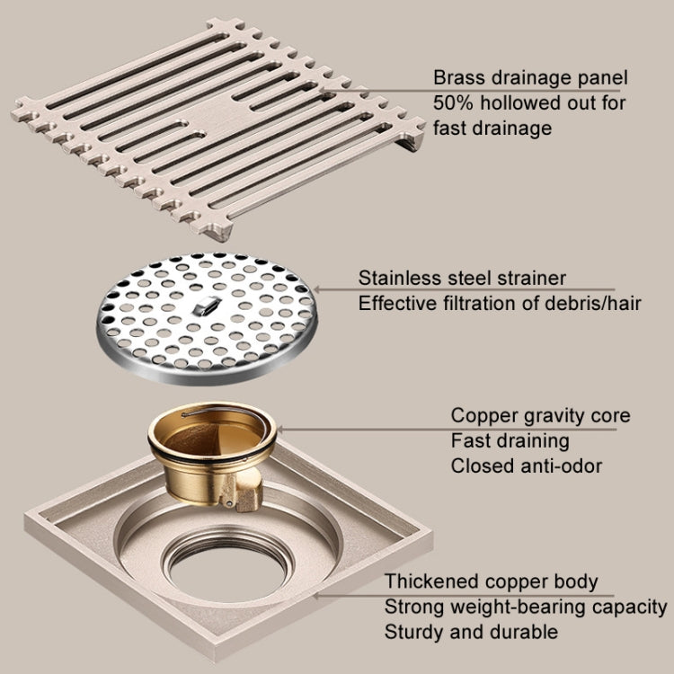 All Copper Brushed Anti-Odor Floor Drain Gravity Copper Core Bathroom Floor Drain, Specification: Square Fine Sculpture Dual Use - Drain Strainers by buy2fix | Online Shopping UK | buy2fix