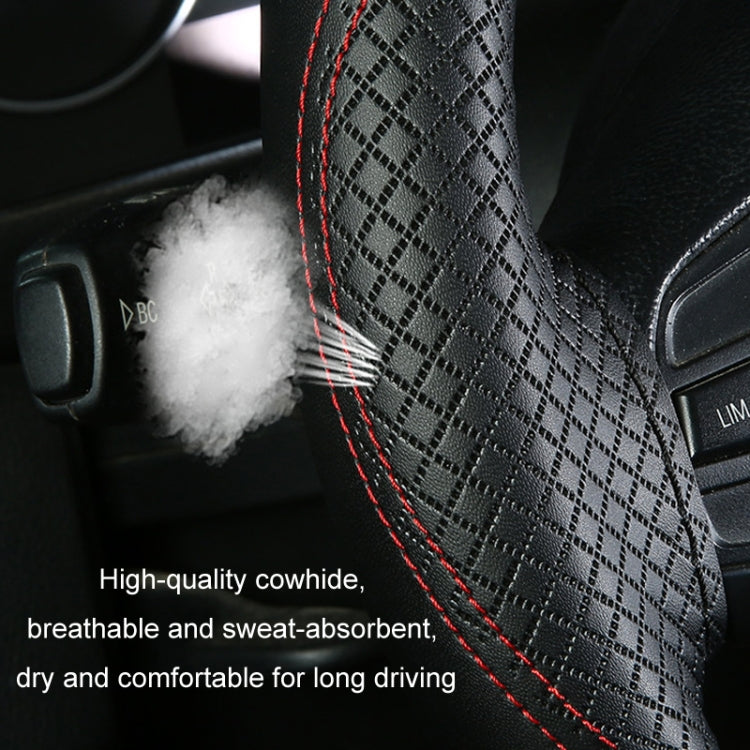 38cm Cowhide Embossed Hand-Stitched Double-Line Steering Wheel Cover(Black Black Line) - Steering Wheel Accessories by buy2fix | Online Shopping UK | buy2fix