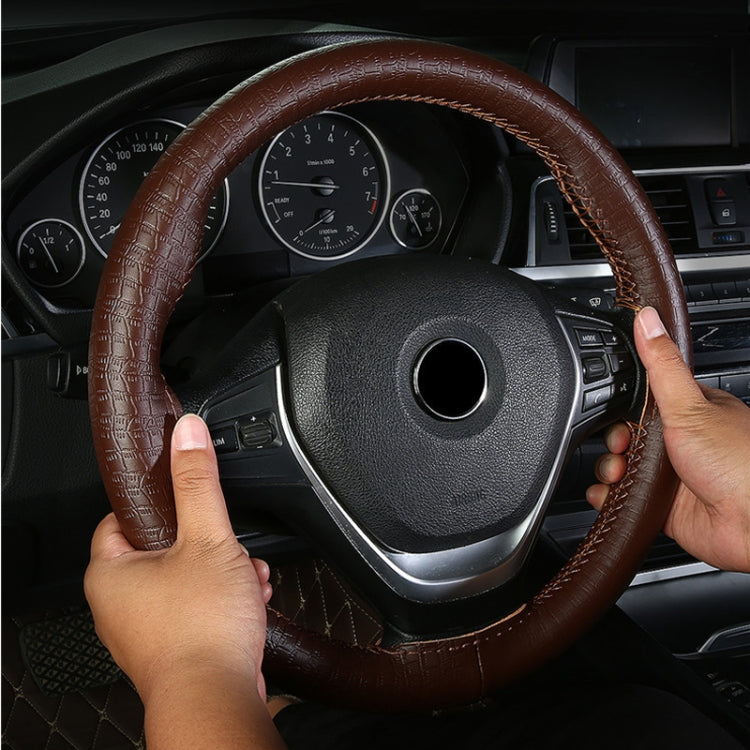 38cm Four-season Embossed Cowhide Hand-sewn Steering Wheel Cover(Black+Red Line) - Steering Wheel Accessories by buy2fix | Online Shopping UK | buy2fix