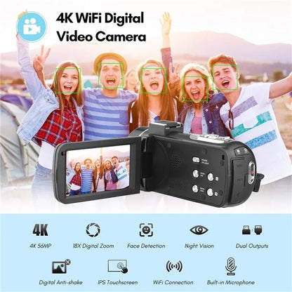 4K  Digital Video Camera 3 Inch IPS Touch Screen 56MP 18X Digital Zoom WiFi Camcorder, Spec: Set 1 - Video Cameras by buy2fix | Online Shopping UK | buy2fix