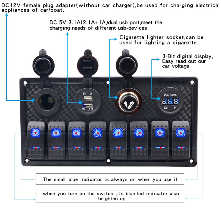5Pin Multi-function Combination Switch Panel Voltmeter + Cigarette Lighter + Double Lights 8 Way Switches + Dual USB Charger + Cigarette Lighter Socketfor Car RV Marine Boat - In Car by buy2fix | Online Shopping UK | buy2fix