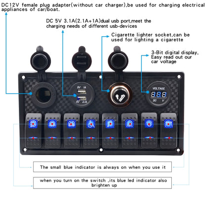 5Pin Multi-function Combination Switch Panel Voltmeter + Cigarette Lighter + Double Lights 8 Way Switches + Dual USB Charger + Cigarette Lighter Socketfor Car RV Marine Boat - In Car by buy2fix | Online Shopping UK | buy2fix