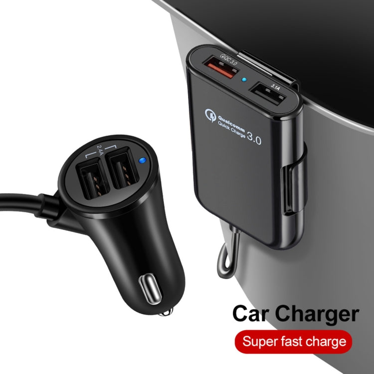 HMQ-C801 1.8m 8A Max 4 Ports USB Car Charger with Extending USB HUB for Front & Back Seat Charging (Black) - In Car by buy2fix | Online Shopping UK | buy2fix