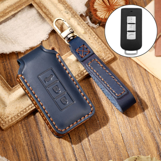 Hallmo Car Cowhide Leather Key Protective Cover Key Case for Mitsubishi Outlander(Blue) - Car Key Cases by Hallmo | Online Shopping UK | buy2fix