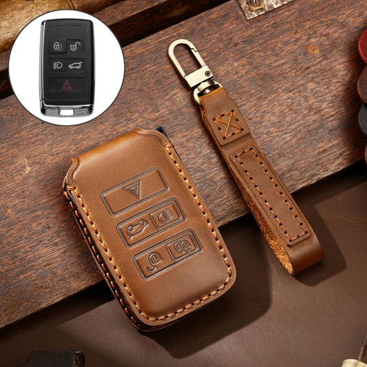 Hallmo Car Cowhide Leather Key Protective Cover Key Case for Land Rover Discovery 5 B Style(Brown) - Car Key Cases by Hallmo | Online Shopping UK | buy2fix