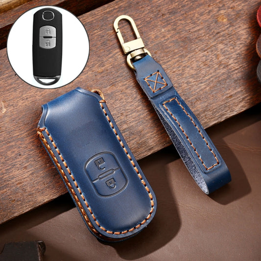 Hallmo Car Cowhide Leather Key Protective Cover Key Case for Mazda Axela 2-button(Blue) - Car Key Cases by Hallmo | Online Shopping UK | buy2fix