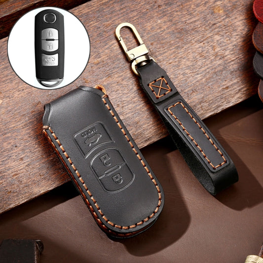 Hallmo Car Cowhide Leather Key Protective Cover Key Case for Mazda Axela 3-button(Black) - Car Key Cases by Hallmo | Online Shopping UK | buy2fix