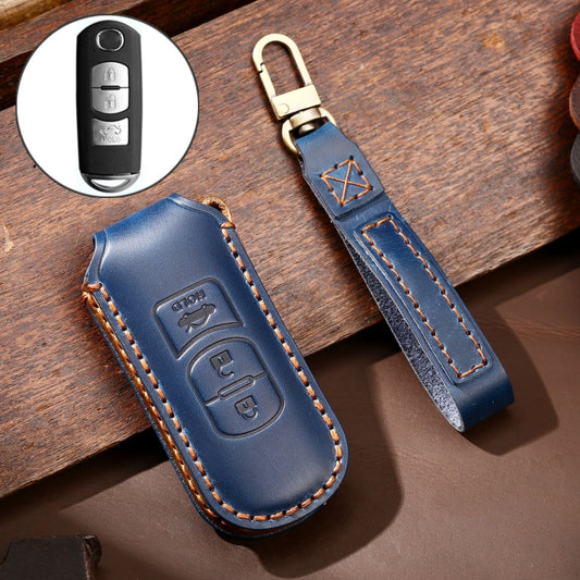 Hallmo Car Cowhide Leather Key Protective Cover Key Case for Mazda Axela 3-button(Blue) - Car Key Cases by Hallmo | Online Shopping UK | buy2fix