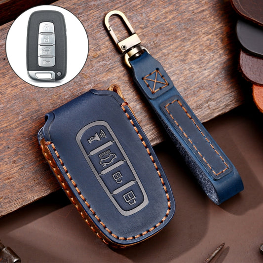 Hallmo Car Cowhide Leather Key Protective Cover Key Case for KIA K2 / K3 / K5 4-button(Blue) - Car Key Cases by Hallmo | Online Shopping UK | buy2fix