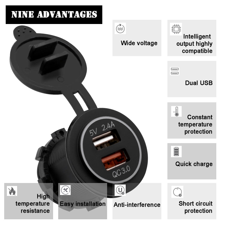 Universal Car QC3.0 Dual Port USB Charger Power Outlet Adapter 5V 2.4A IP66 with 60cm Cable(Red Light) - In Car by buy2fix | Online Shopping UK | buy2fix