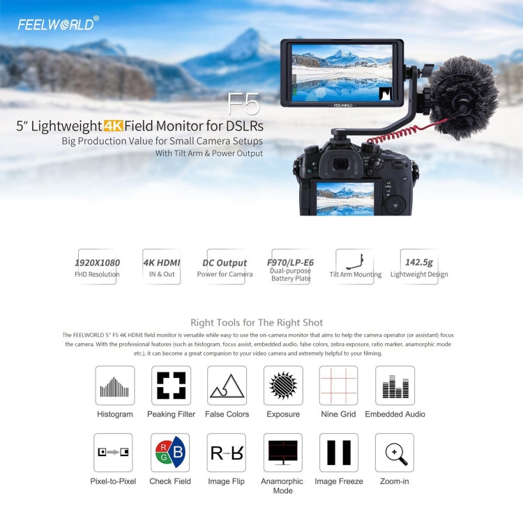 FEELWORLD F6S Full HD 1920x1080 5.0 inch IPS Screen DSLR Camera Field Monitor with Tilt Arm, Support 4K HDTV Input / Output - Camera Accessories by FEELWORLD | Online Shopping UK | buy2fix
