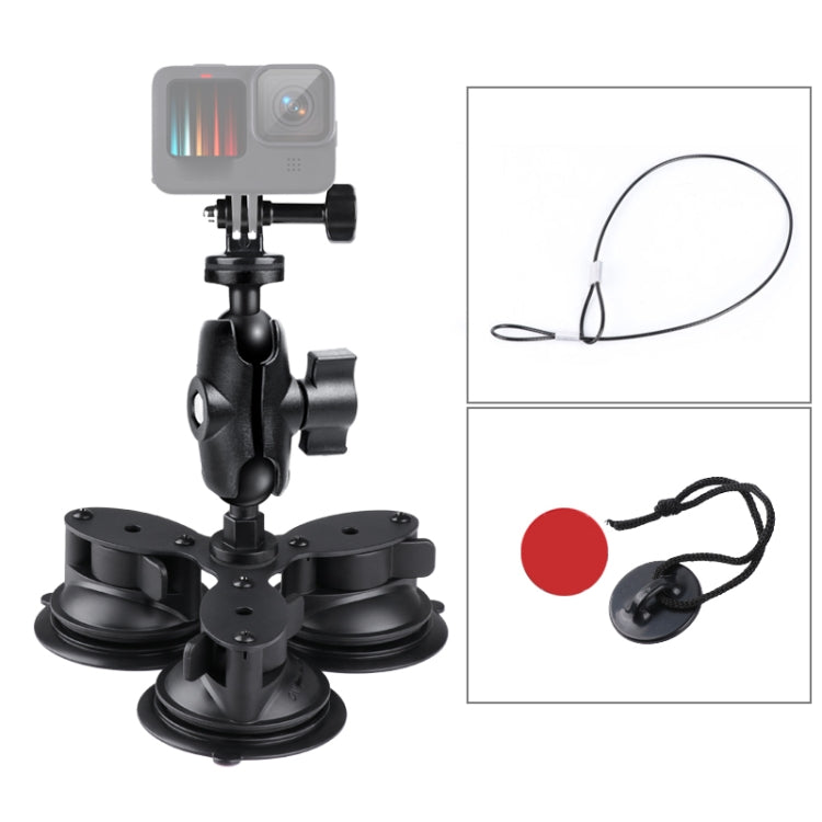 Triangle Suction Cup Mount Holder with Tripod Adapter & Steel Tether & Safety Buckle (Black) - DJI & GoPro Accessories by buy2fix | Online Shopping UK | buy2fix