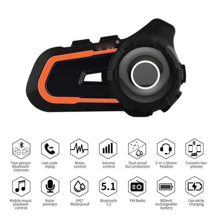 WUPP CS-1412B1 Bluetooth 5.1 S2 Motorcycle Helmet Full Duplex Bluetooth Intercom Headset Earphone(Orange) - Consumer Electronics by buy2fix | Online Shopping UK | buy2fix