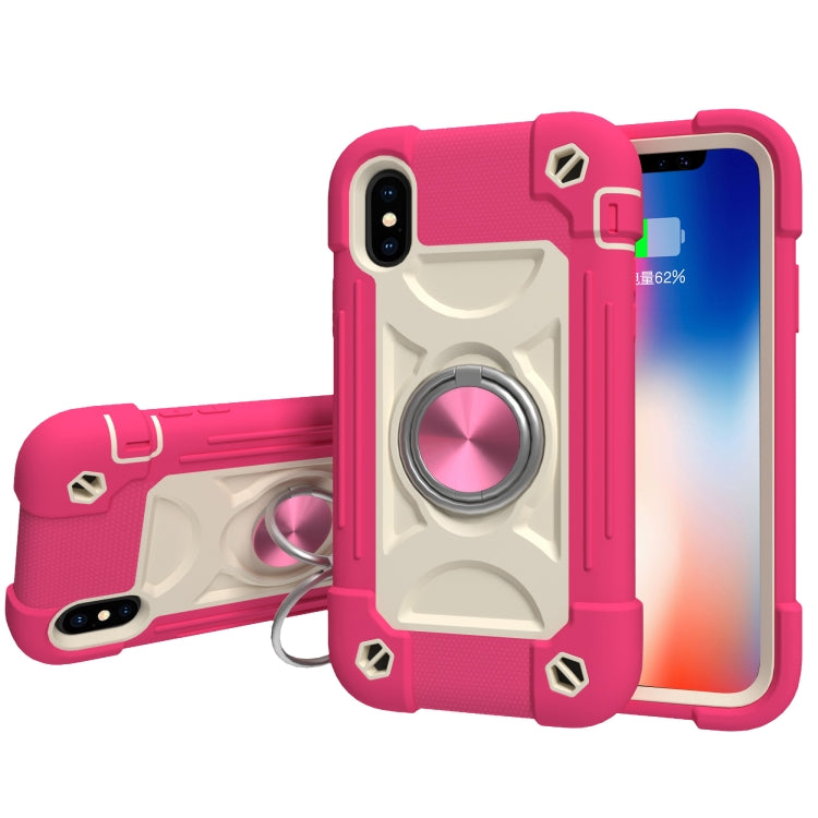 For iPhone X / XS Shockproof Silicone + PC Protective Case with Dual-Ring Holder(Rose Red) - More iPhone Cases by buy2fix | Online Shopping UK | buy2fix