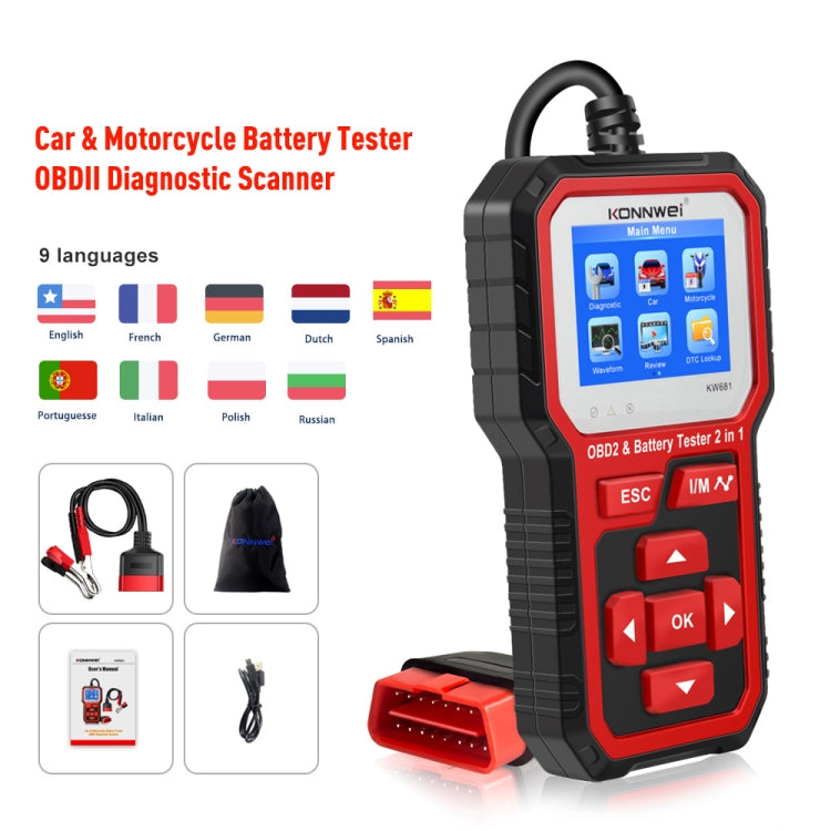 KONNWEI KW681 Car 2.4 inch TFT Screen OBD Fault Diagnosis + 6V-12V Battery Tester Support 9 Languages - Code Readers & Scan Tools by KONNWEI | Online Shopping UK | buy2fix