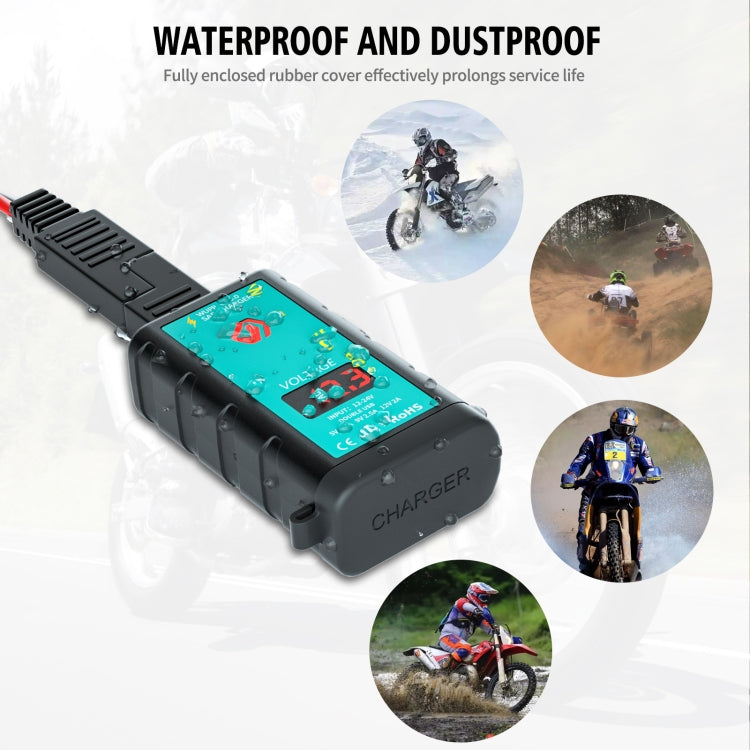 WUPP ZH-1422A3 DC12-24V Motorcycle Square Dual USB Fast Charging Charger with Switch + Voltmeter + Integrated SAE Socket + 1.4m OT Terminal Cable - In Car by WUPP | Online Shopping UK | buy2fix