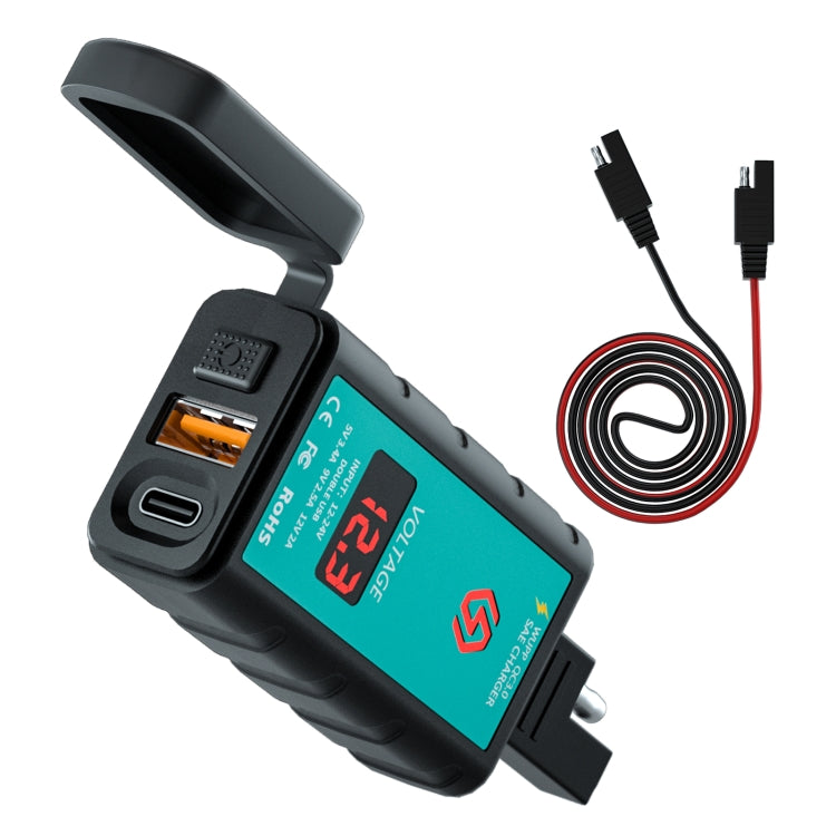 WUPP ZH-1422B2 DC12-24V Motorcycle Square Single USB + PD Fast Charging Charger with Switch + Voltmeter + Integrated SAE Socket + 1m SAE Socket Cable - Battery Charger by WUPP | Online Shopping UK | buy2fix