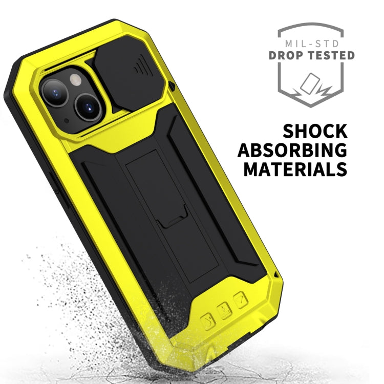 For iPhone 13 mini R-JUST Sliding Camera Shockproof Waterproof Dust-proof Metal + Silicone Protective Case with Holder (Yellow) - Apple Accessories by R-JUST | Online Shopping UK | buy2fix