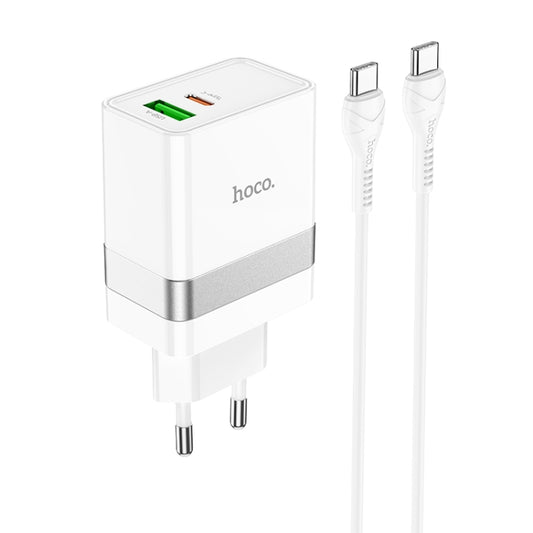 hoco N21 PD 30W Type-C / USB-C + QC 3.0 USB Mini Fast Charger with Type-C / USB-C to Type-C / USB-C Data Cable , EU Plug(White) - Mobile Accessories by hoco | Online Shopping UK | buy2fix