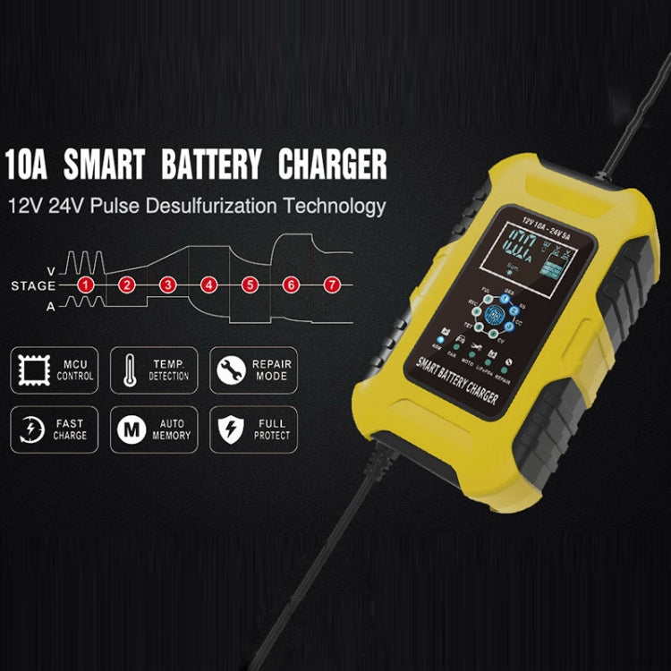 FOXSUR 10A 12V 7-segment Motorcycle / Car Smart Battery Charger, Plug Type:UK Plug(Yellow) - In Car by FOXSUR | Online Shopping UK | buy2fix