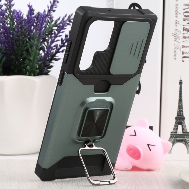 For Samsung Galaxy S22 Ultra 5G Sliding Camera Cover Design PC + TPU Shockproof Phone Case with Ring Holder & Card Slot(Dark Green) - Samsung Accessories by buy2fix | Online Shopping UK | buy2fix