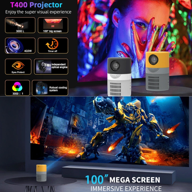 T400 100 inch Screen 3000 Lumens LED Mini Projector, Plug Type:AU Plug(Black White) - Consumer Electronics by buy2fix | Online Shopping UK | buy2fix