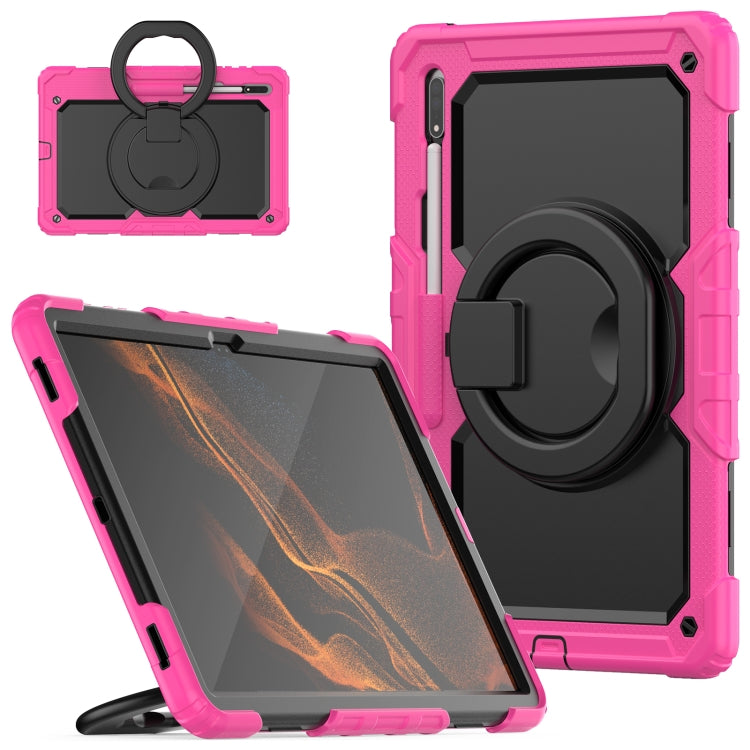 For Samsung Galaxy Tab S8 Ultra Shoulder Strap Silicone + PC Tablet Case(Rose Red Black) - Galaxy Tab S8 Ultra Cases by buy2fix | Online Shopping UK | buy2fix