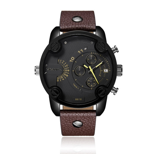 CAGARNY 6819 Multifunctional Dual Time Zone Quartz Business Sport Watch for Men(Black Shell Black Surface Brown Leather) - Leather Strap Watches by CAGARNY | Online Shopping UK | buy2fix
