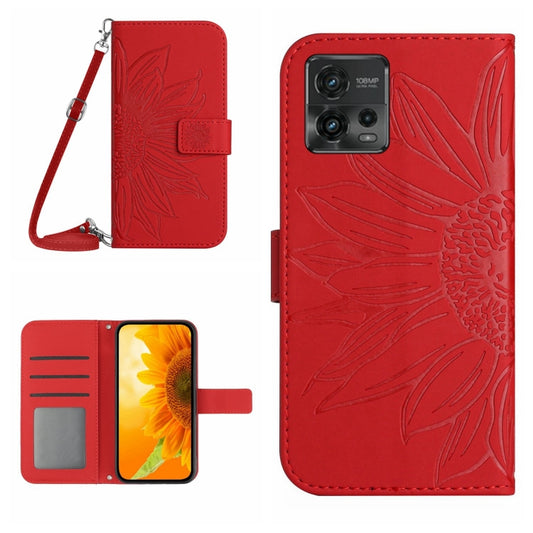 For Motorola Moto G72 5G Skin Feel Sun Flower Pattern Flip Leather Phone Case with Lanyard(Red) - Motorola Cases by buy2fix | Online Shopping UK | buy2fix
