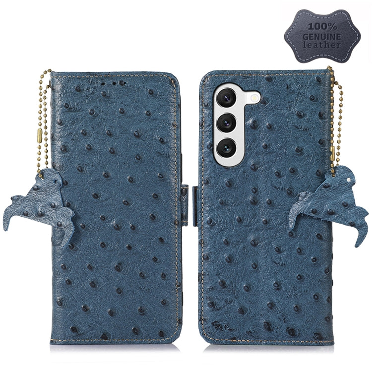 For Samsung Galaxy S22 5G Ostrich Pattern Genuine Leather RFID Phone Case(Blue) - Galaxy S22 5G Cases by buy2fix | Online Shopping UK | buy2fix