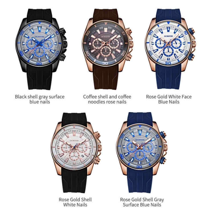 OCHSTIN 6094A Multifunctional Quartz Waterproof Luminous Men Watch(Rose Gold+White+Blue) - Leather Strap Watches by OCHSTIN | Online Shopping UK | buy2fix