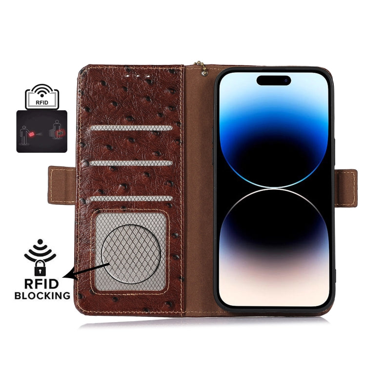 For OnePlus Nord CE 3 Lite Ostrich Pattern Genuine Leather RFID Phone Case(Coffee) - OnePlus Cases by buy2fix | Online Shopping UK | buy2fix