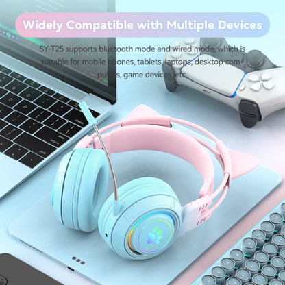 T25 RGB Stereo Cat Ear Bluetooth Wireless Headphones with Detachable Microphone(Pink+Blue) - Apple Accessories by buy2fix | Online Shopping UK | buy2fix