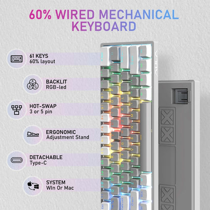 AULA F3261 Type-C Wired Hot Swappable 61 Keys RGB Mechanical Keyboard(White Grey Green Shaft) - Wired Keyboard by AULA | Online Shopping UK | buy2fix